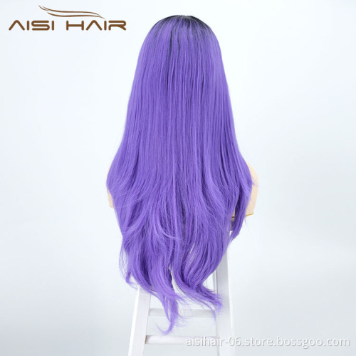 Aisi Hair New Design Party Body Wave Curly Long Wavy Ombre Purple Lace Frontal Synthetic Hair For Black Women Lace Front Wig